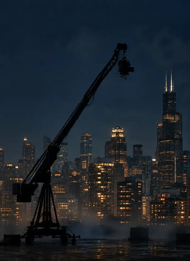 夜摇臂（Night Crane）主视觉，深夜的片场，只有一台摇臂还在工作。